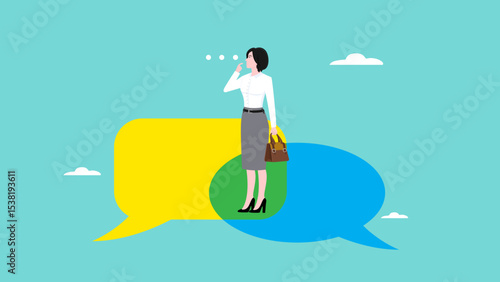 Second opinion, make a decision from two opinions, suggestions for consideration, reasons or logical thinking to make decisions, Business woman stand to consider between two opinions to make decisions