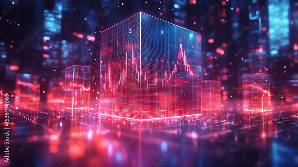 Obraz premium A futuristic visualization of a digital world in which transparent cubes display graphs and data against an abstract cyberspace backdrop.