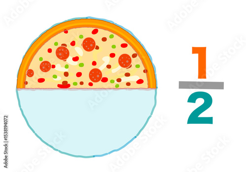 One half of the whole, Fraction pizzas, slices halves 1, 2. Half remaining. Pie chart ratio infographic. Mathematic worksheet. Vector illustration