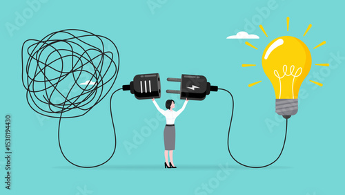 Problem Solving with creative idea solution, thought process to find a way out of a problem, problem and solution concept, business woman connect plug with light bulb idea to messy line of cable