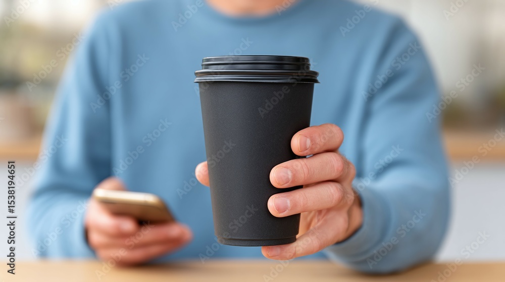 Person holding a black coffee cup and a phone on a table. Person holding a black coffee cup and a phone on a table.