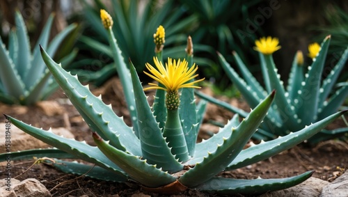 Fototapeta Naklejka Na Ścianę i Meble -  Aloe vera bloom with yellow flowers in the garden. Aloe vera is a succulent plant species of the genus Aloe.