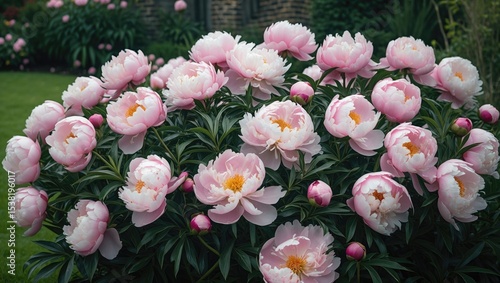 Fototapeta Naklejka Na Ścianę i Meble -  A bush of luxury light pink peonies in a garden.
