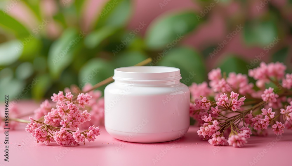 Elegant White Jar with Pink Flowers on Soft Pink Surface Surrounded by Lush Greenery Elegant White Jar with Pink Flowers on Soft Pink Surface Surrounded by Lush Greenery