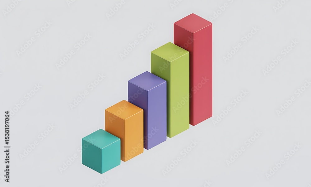 Fototapeta premium Colorful Bar Chart Illustrates Growth on a Plain Background, representing success and progress with a minimalist, isometric perspective, ideal for data visualization and business concepts.