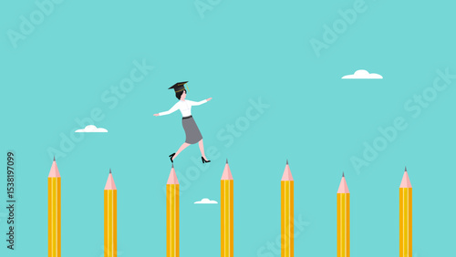 journey to reach higher education, motivation to study harder, cost to graduate high degree education, the way to achieve high education, woman crosses the pole from pencil to educational success