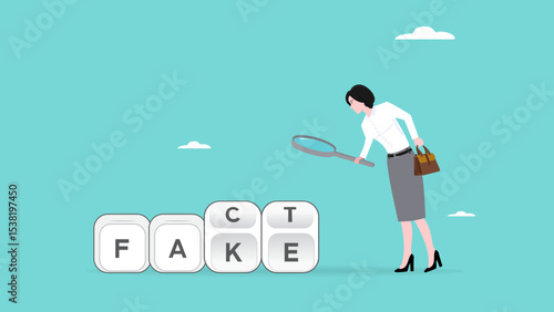 analyze fake or fact, fact or fake concept, Misinformation spread by the tricks of brains, business woman analyzes the cube with the words fact and fake using a magnifying glass