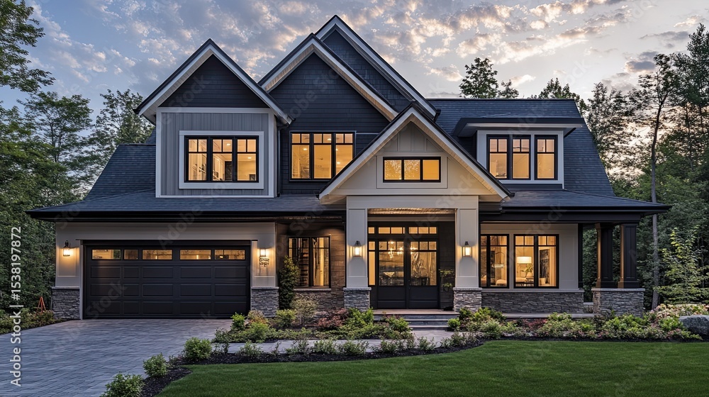 Obraz premium Embracing Tranquility A modern craftsman house radiates warmth on lush grounds under a serene evening sky with sharp