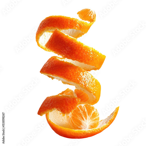 Mandarin Orange Peeled in a Vertical Spiral with Transparent Background