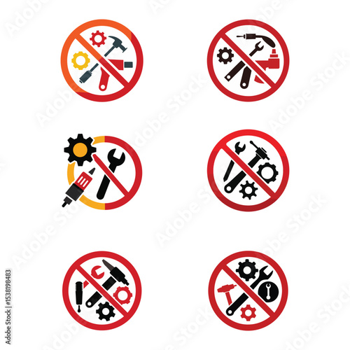 No Tools Allowed Vector Icons Set for Prohibited Repair, Maintenance, and DIY Zones