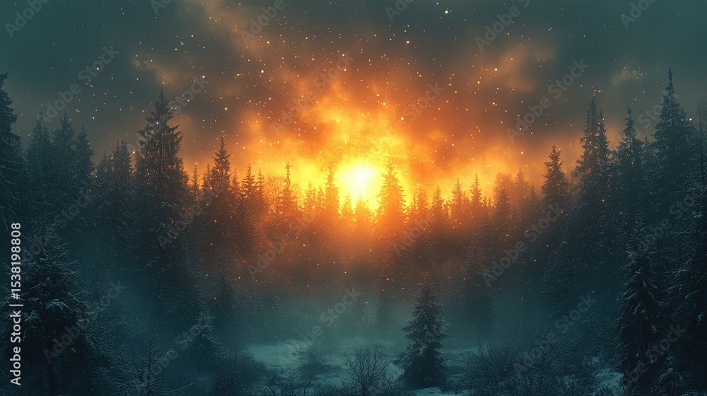 Fototapeta premium Snowflakes falling gently on forest clearing with silence all around