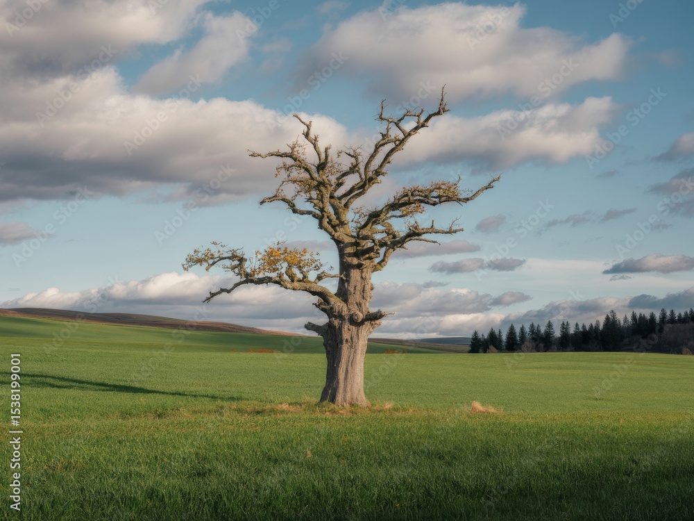 Fototapeta premium Lonely oak tree in rolling green field under cloudy sky