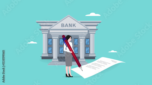 loan agreement, proof of debt payment obligations, legal money credit or borrowing document with signature, business woman signing signature on obligation banking document to make agreement