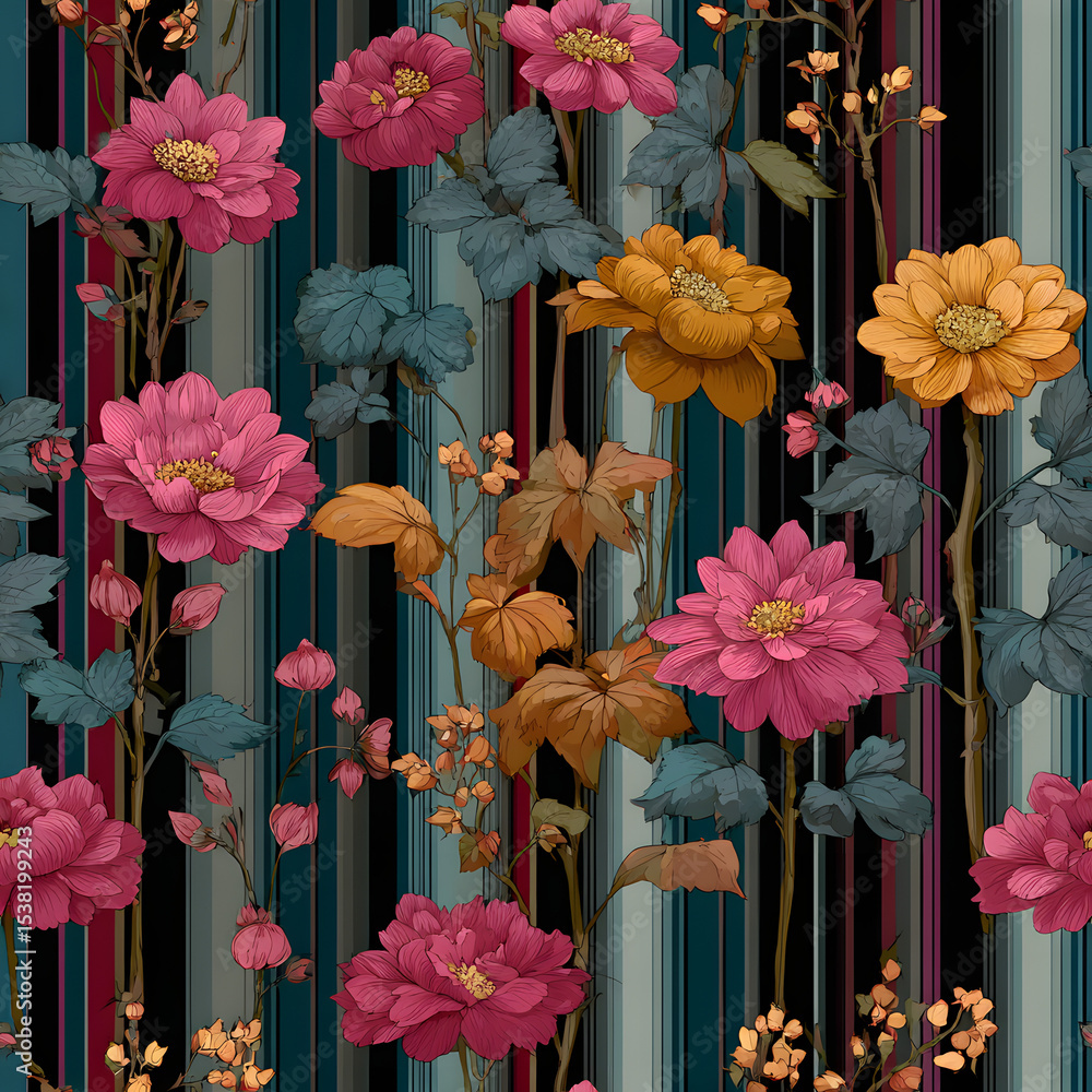 Obraz premium Fashion stylish vertical striped floral pattern with floral motifs. modern plant pattern for fashion, fabric, textile, wallpaper. Vintage striped pattern