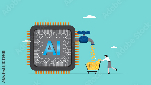 make money with AI artificial intelligence, people use AI to help and support work success and make a lot of money, business woman takes the money coin that comes out of the AI ​​chip faucet