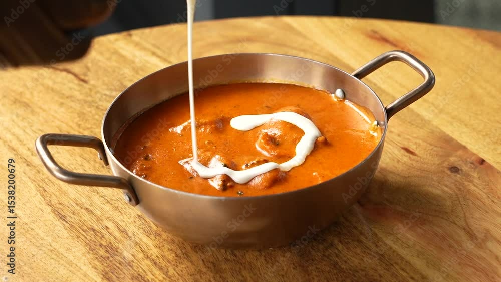 Fresh Cream getting topped on butter chicken as garnish