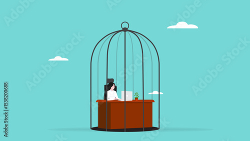office workers, nine to five job, working monotonously or a system of limiting creativity, woman employees work in closed bird cages