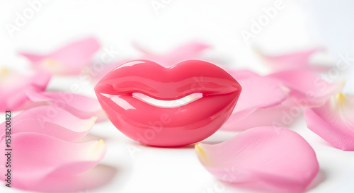 Pink Lips Decoration Surrounded by Pink Rose Petals. Concept of Beauty, Love and Romance.