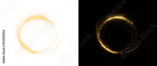 Radiant gold swirl with glowing light, sparkle, and dust trail. This vibrant PNG effect adds magic and elegance to festive, luxury, or celebratory design themes.