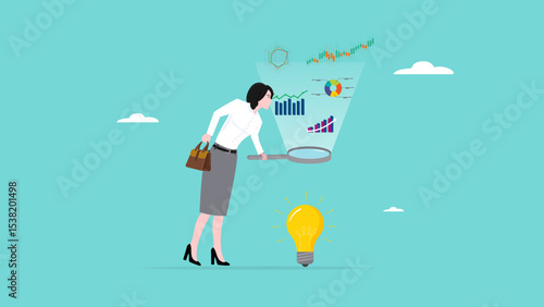 Data scientist, analyze data to produce recommendation and company decision support, analyze data for business insight, woman analyzing lightbulb idea using magnifying glass for business insight