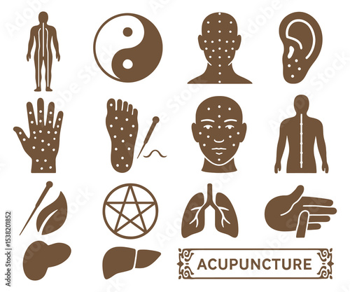 Acupuncture Icons Set with Human Body Meridian Points and Traditional Chinese Medicine Symbols