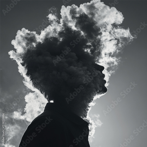 girl's face in smoke, black and white vector, graphics
