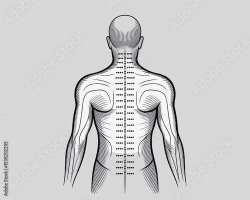 Human Back Acupuncture Points and Muscle Anatomy Chart Illustration