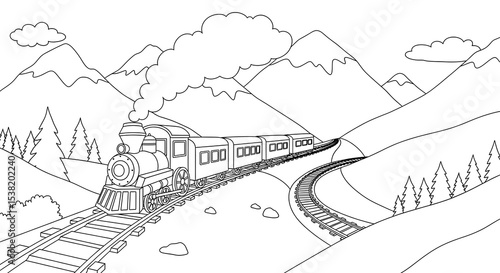 Train coloring page printable for kids and adults steam engine mountain landscape scene on transparent background