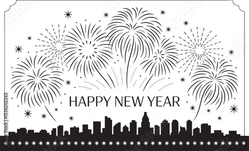 Fireworks Celebration over Detailed Urban Skyline – Happy New Year Vector Greeting Card