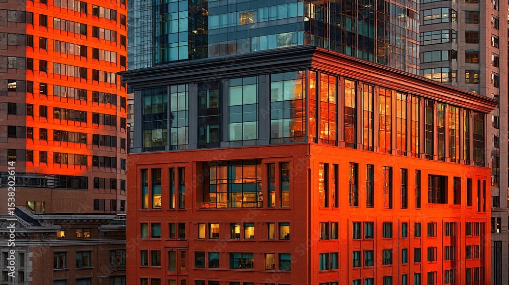 Fototapeta premium Modern urban architecture bathed in sunset orange light