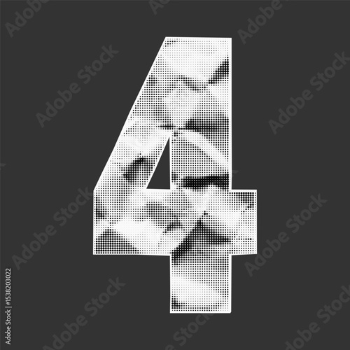 Number 4 in ransom note font, jagged edges on crumpled paper. Halftone stipple texture, gritty grunge look, school style collage.