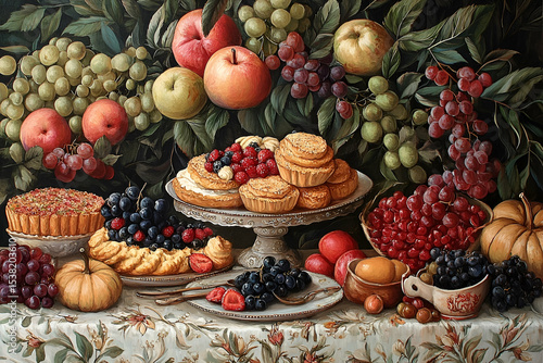 Still life painting of fruits and pastries on a table.