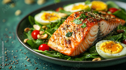 Grilled salmon with salad and hard-boiled eggs.