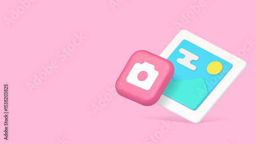 Photo picture image camera multimedia content button copy space banner. Media photographing electronic lens professional optical smart snapshot device cloud storage technology