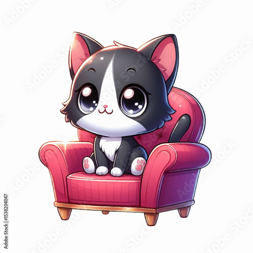 cute, fun illustration of a cartoon black and white kitten with a design sitting on a red armchair, perfect for pet lovers and feline nature lovers.