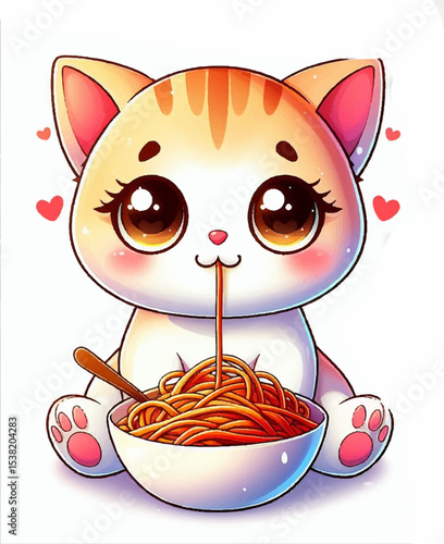 Playful cartoon kitten eating sweet spaghetti
