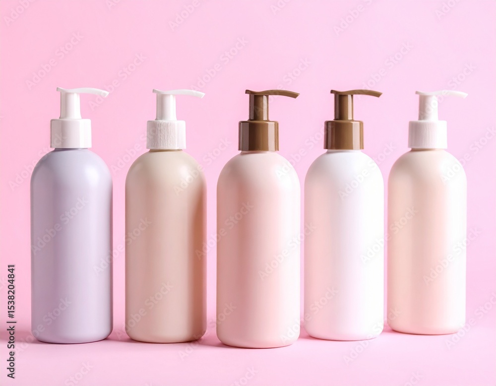 Row of Pastel Pump Bottles for Beauty and Cosmetic Products on Pink Background