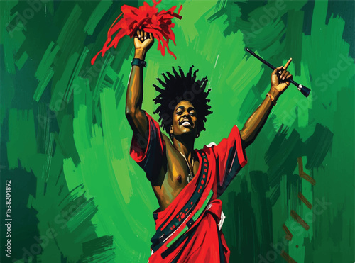 Commercial-quality image: An acrylic painting of a single figure celebrating Juneteenth.  Loose, expressive brushstrokes create a sense of energy and movement.  The color palette uses vibrant greens, 