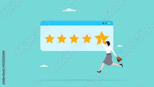five star rating, customer satisfaction survey, client questionnaire or service quality feedback, woman customer choose a five-star rating for the experience of purchasing a product or service