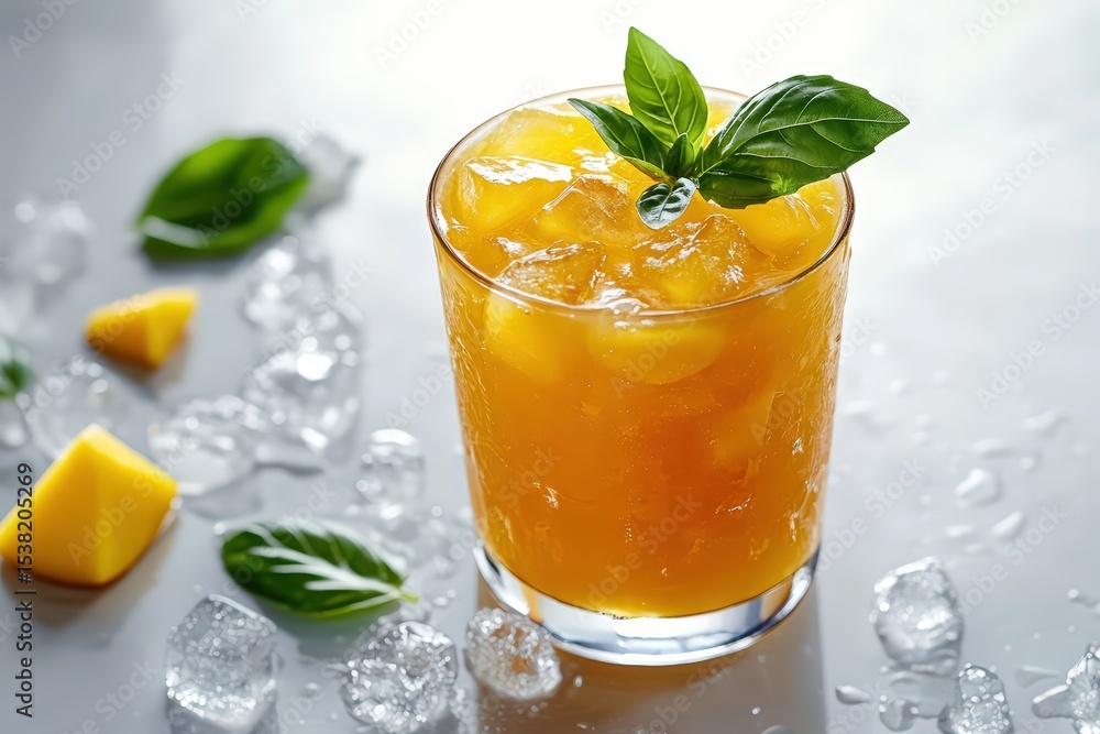 Mango juice in tumbler with ice, golden tone glows under soft light, diagonal mango slices and basil garnish add balance, white background. Mango juice in tumbler with ice, golden tone glows under soft light, diagonal mango slices and basil garnish add balance, white background.