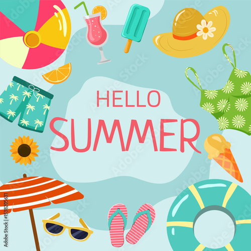 Hello summer. Vector design for summer banner, poster, coupon or flyer. Ice cream, sunglasses, cocktail and summer mood.
