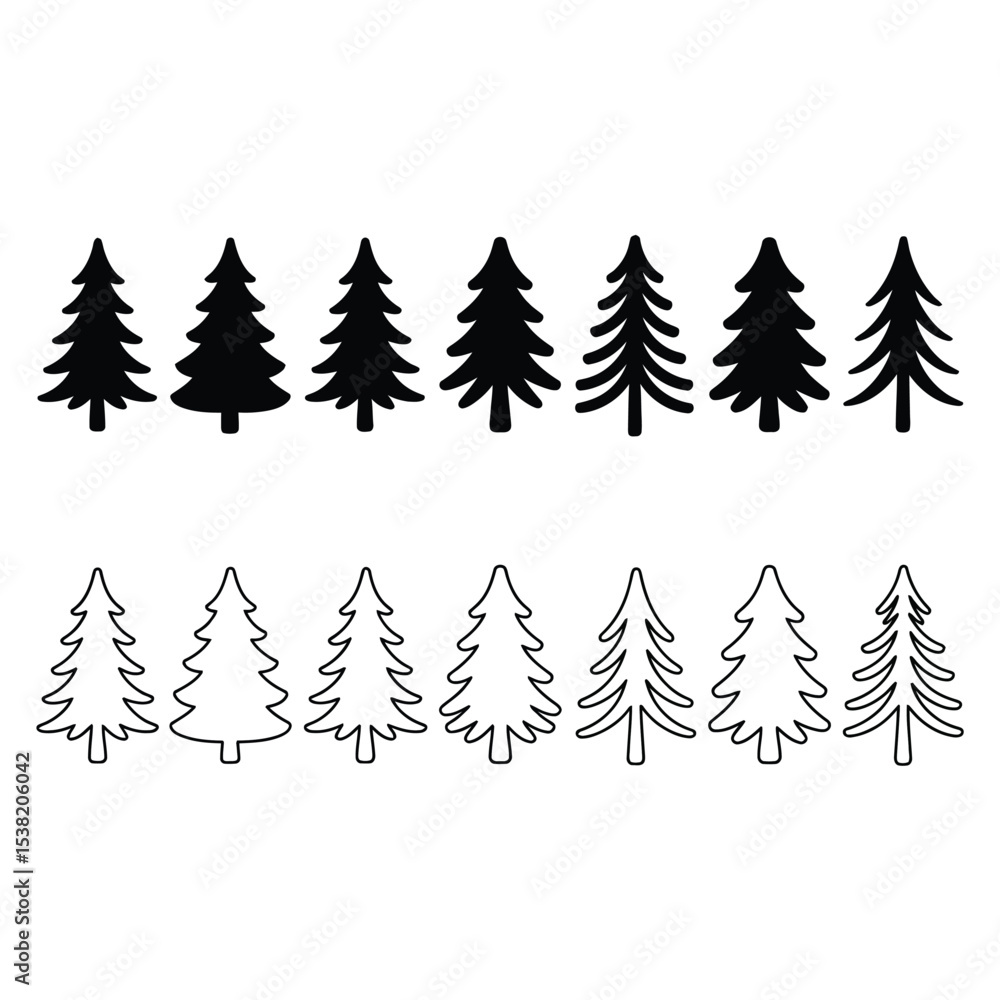 Fototapeta premium Black and White Pine Tree Silhouettes Varying Sizes
