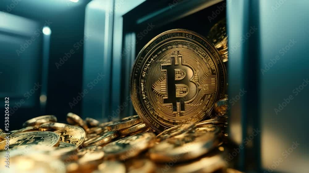 Golden cryptocurrency coin with digital bitcoin symbol dark safe representing secure digital currency investment and finance technology golden digital coins stacked inside dark safe symbolizing safe