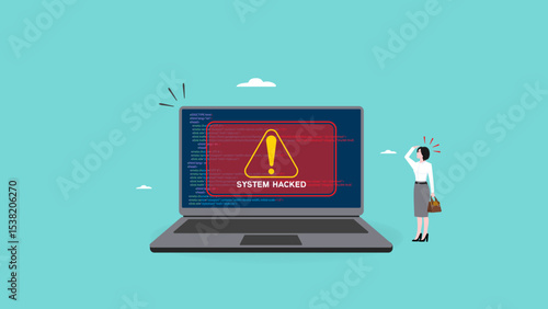 System hacked alert after cyber attack on computer network, Warning Of Cyber Threats, cybercrime, internet virus cyber security and cybercrime, woman confused with compromised information concept