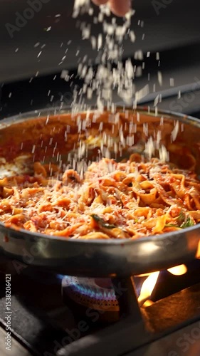 grated cheese, getting added in a pan with red sauce pasta while preparation