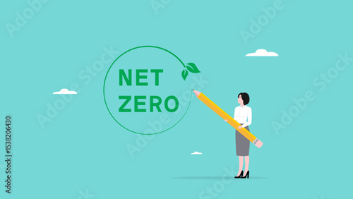 net zero icon, businesswoman using pencil drawing net zero icon with Net zero greenhouse gas emissions target, a good long-term strategy for the climate, Net zero and 2050 carbon neutral concept