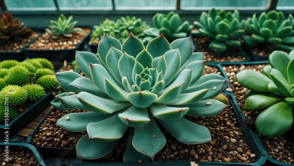 Fototapeta premium Succulent plants in a greenhouse for horticulture, market sales, green leaves, seedbed
