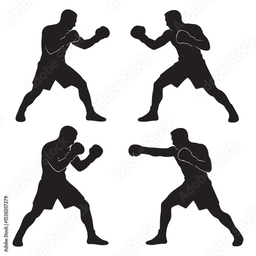 Boxer Silhouette Vector – Fighter Punching and Sparring Poses Illustration

