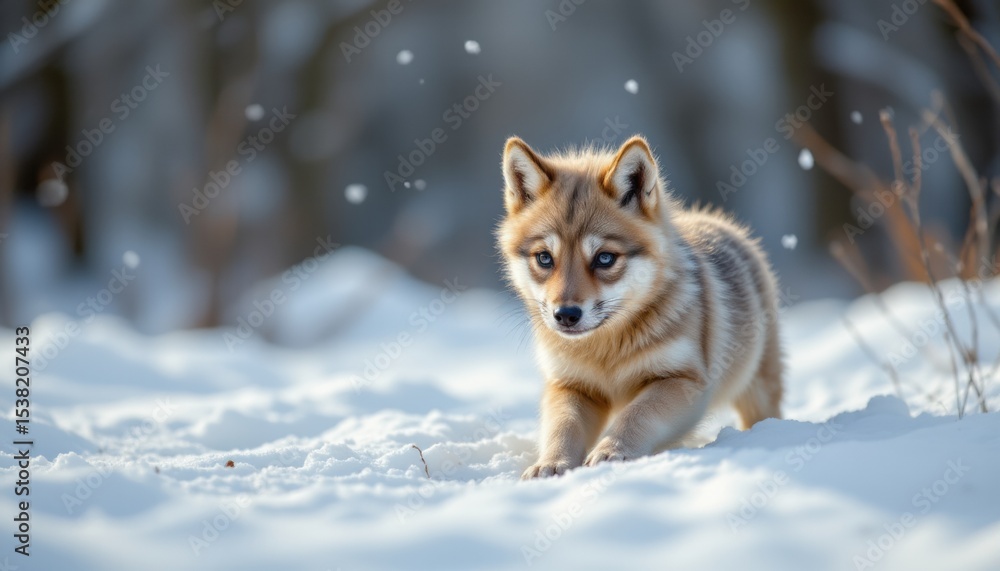 Obraz premium aesthetic portrait, copy space at top for use position the wolf puppy playing in winter snow in the bottom right corner of the image with ample copy space above and to the left