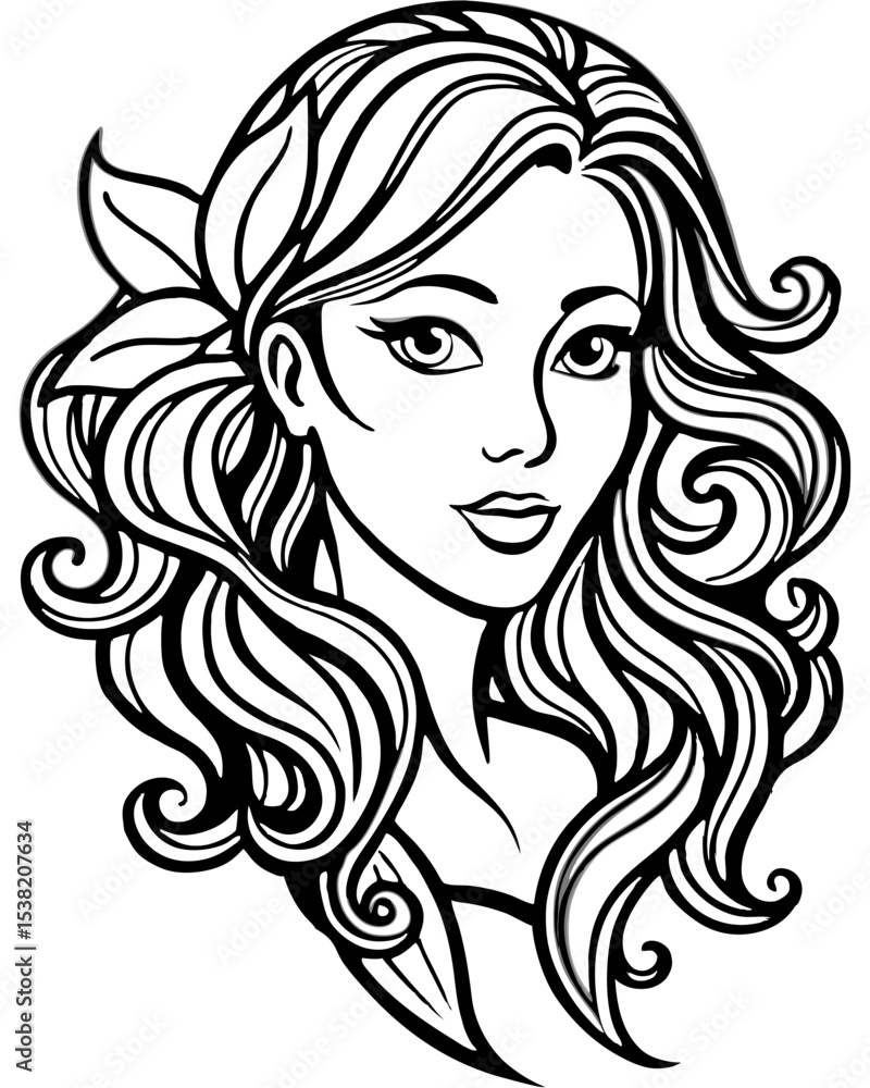 Beautiful long-haired girl vector illustration with stylish makeup and a flower, a glamorous silhouette of a woman's head Beautiful long-haired girl vector illustration with stylish makeup and a flower, a glamorous silhouette of a woman's head